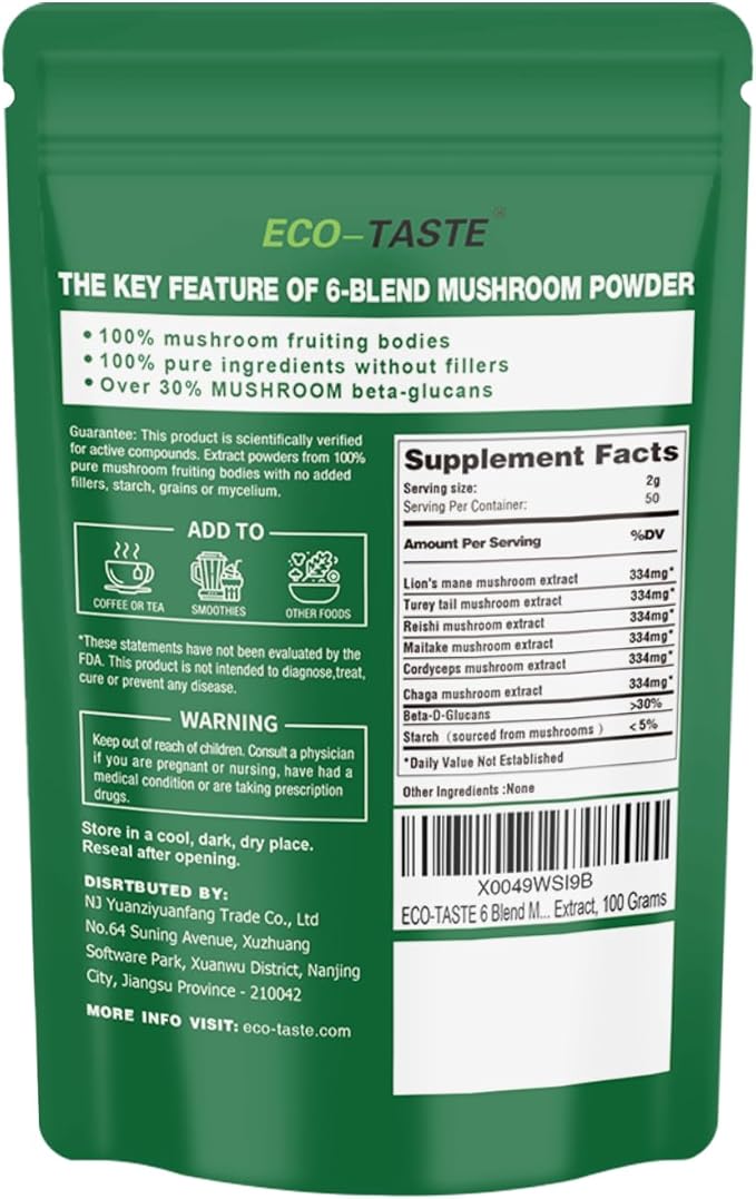 ECO-TASTE 6 Blend Mushroom Powder with 30% Beta-D-Glucan, Lions Mane, Reishi, Cordyceps, Chaga, Turkey Tail, Maitake, Fruiting Body Extract, 100 Grams