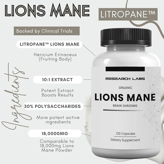 Research Labs Organic Lions Mane Supplement Capsules, 2 Fer 1 Ad - 240 Capsules w/Patent Litropane™ Immune System Booster Nootropic Brain Support Mushroom Supplement. 10X Extract comparable 18000mg