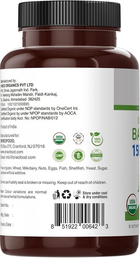 Brieofood Organic Bacopa 1500mg, 45 Servings, Vegetarian, Gluten Free, 90 Vegetarian Tablets…