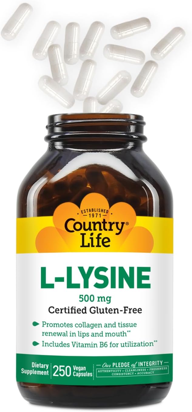 Country Life L-Lysine 500mg with B-6, Supports Immune Health, Promotes Collagen Renewal in Lips and Mouth, 250 Vegan Capsules, Certified Gluten Free, Certified Vegan