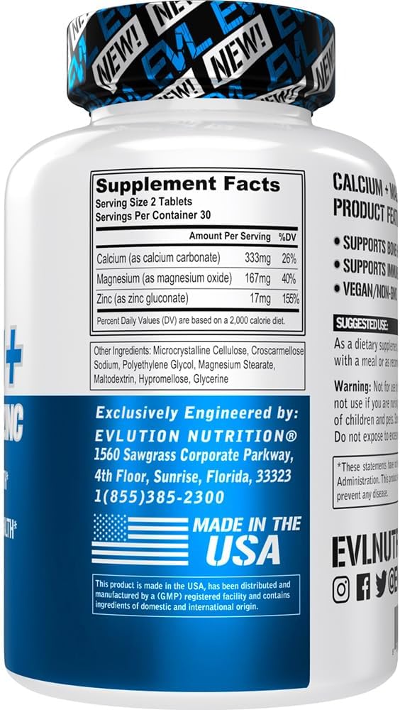 Evlution Nutrition Calcium + Magnesium + Zinc - Bone + Muscle Health Support - Immune + Sleep Supplement - Vegan + Non-GMO - 30 Servings