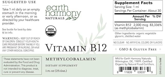 USDA Organic Vitamin B12 2000mcg Sublingual Liquid Supplement (2-Pack) - Vegan Methylcobalamin Drops for Natural Energy, Maintain Metabolism, and Immune System Support - 1 Fl Oz