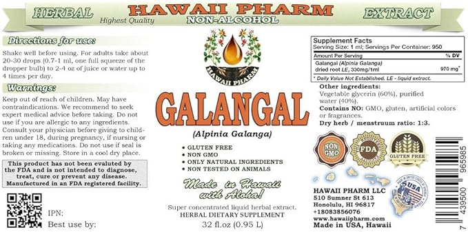 Galangal Root Alcohol-Free Liquid Extract, Organic Organic Galangal (Alpinia Galangal) Dried Root Glycerite Hawaii Pharm Natural Herbal Supplement 2x32 oz Unfiltered