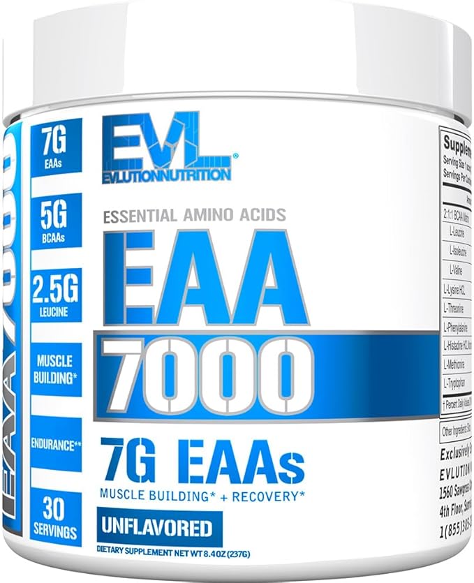 Evlution Nutrition EAA7000 - Pre & Post Workout Powder - Muscle Building + Recovery Supplement - 7g Essential Amino Acids + 5g BCAAs - Endurance + Energy Support - 30 Servings - Unflavored