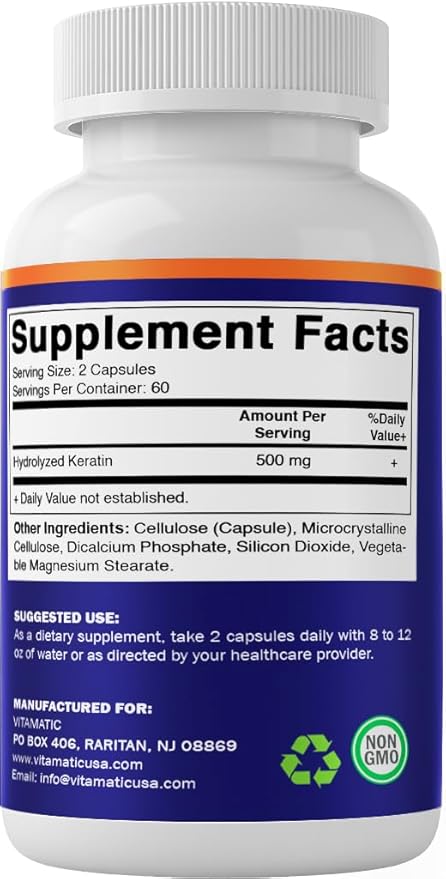 Vitamatic Hydrolyzed Keratin 500mg per Serving - 120 Vegetarian Capsules - Keratin Supplements for Healthy Hair Skin & Nails for Adults