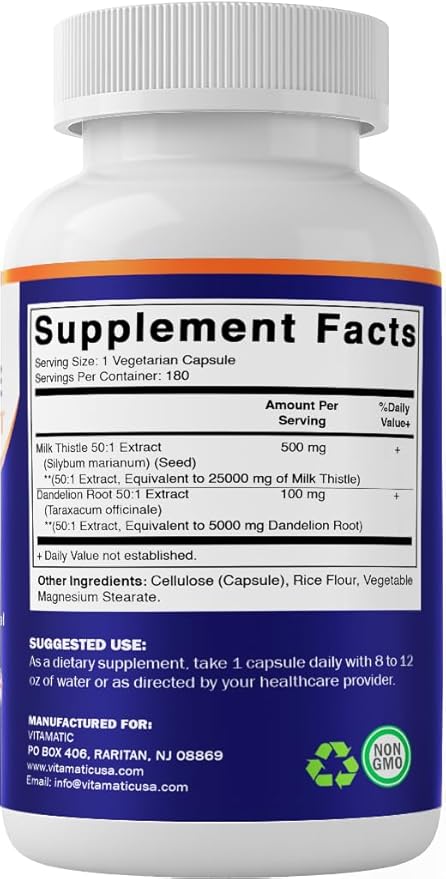 Vitamatic Milk Thistle 50:1 Extract 500mg, Dandelion Root 50:1 Extract 100mg, 180 Vegetarian Capsules, Non-GMO, Gluten Free
