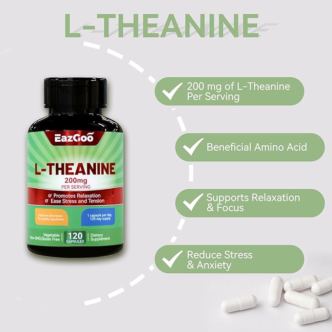 L-Theanine 200mg, Amino Acid Supplement to Support Relaxation, Stress, L Theanine Capsules - Non-GMO, Gluten Free, 120 Veg Capsules