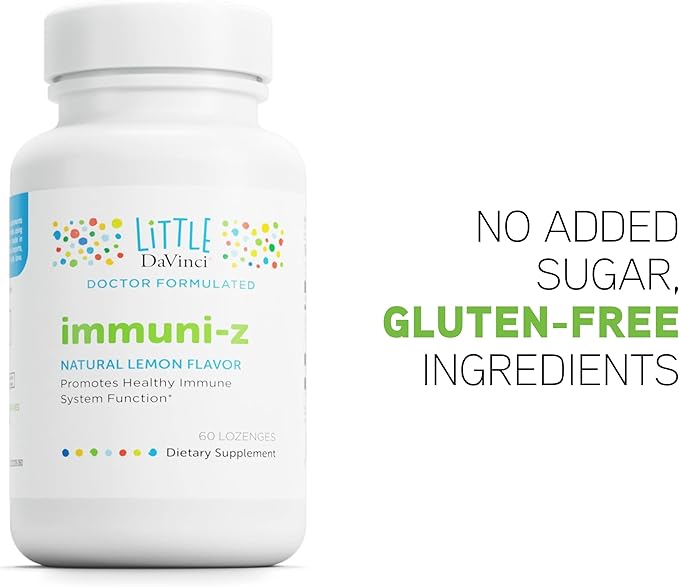 DAVINCI Little Immuni-z - Kids Zinc Lozenge to Support Immune Health, Throat Tissue, Brain Health and Development, Sleep and Focus - with Zinc Citrate and More - Lemon Flavor - 60 Lozenges