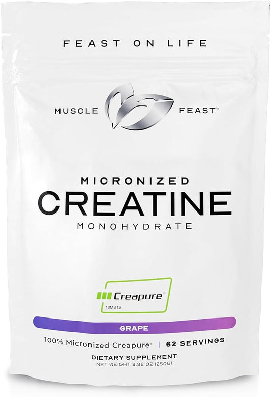 Muscle Feast Creapure Micro - Micronized Creatine Monohydrate Powder | Premium Pre-Workout or Post-Workout | Easy to Mix, Gluten-Free, Safe and Pure, (Grape, 250g)