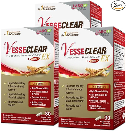 LABO Nutrition VesseCLEAR EX: Nattokinase NSK-SD+Elastin F for Clean & Flexible Blood Vessel. Japan's Most Clinically Studied, Functional Dose, Acid-Resistant/Delayed Release Capsules, 90 Count