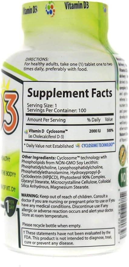 NATURE'S ESSENTIALS Vitamin D3 2000IU | Immune Support | Advanced Cyclosome Liposomal Delivery | Non-GMO, Gluten Free, Vegetarian | 100 Tablets