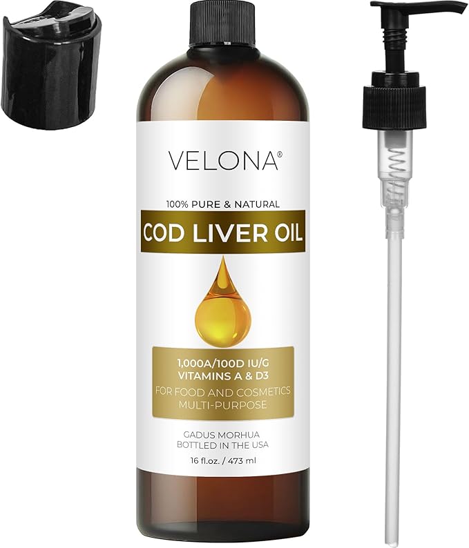 velona Cod Liver Oil - 16 Fl Oz | 1,000A/100D IU/g Omega 3 Vitamins A & D3 | Norwegian Arctic Sustainably Sourced Nordic Oil | Hair, Body and Skin Care | Use Today - Enjoy Results