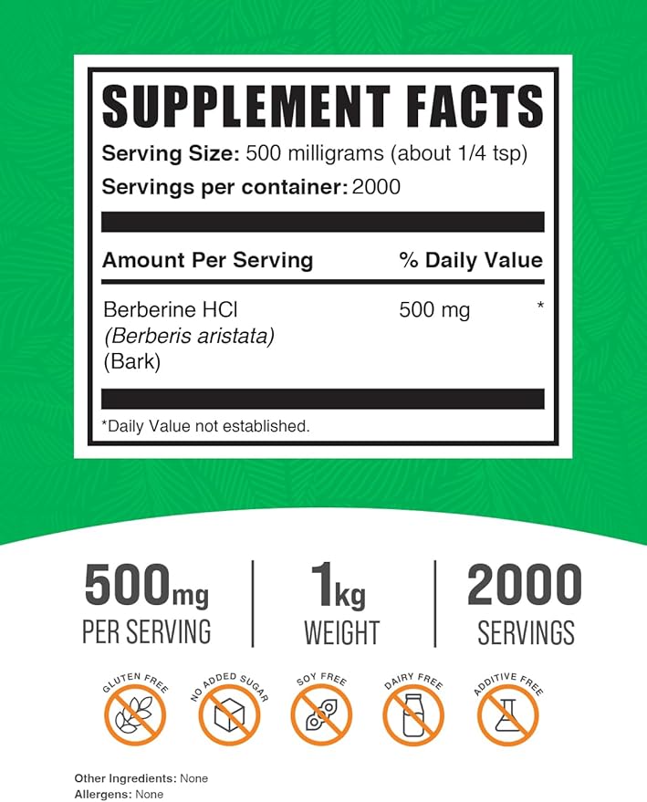 BulkSupplements.com Berberine HCl Powder - Berberine Supplement, Berberine 500mg, Berberine Powder - Gluten Free, 500mg per Serving, 1kg (2.2 lbs) (Pack of 1)