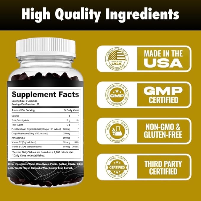Shilajit Gummies I Lab Tested I No Added Sugar I Ashwagandha, Chaga Mushrooms | Fulvic Acid & 85+ Trace Minerals I for Men, Women I Non-GMO I 100% Natural & Organic I 60 Gummy