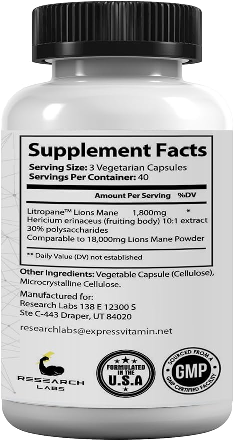 Research Labs Organic Lions Mane Supplement Capsules, 120 Capsules w/Patent Litropane™, Immune System Booster & Nootropic Brain Support Mushroom Supplement. 10X Extract comparable to 18,000mg
