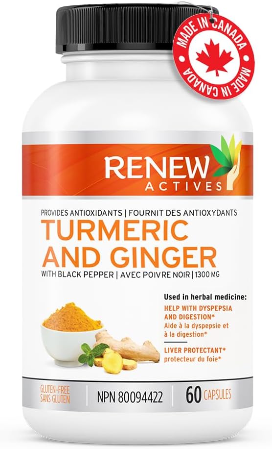 Renew Actives Turmeric Curcumin 1000MG & 200MG Ginger per 2 Capsules - Potent Antioxidant with Bioperine & Black Pepper Blend for Digestive & Liver Health - Made in Canada - 60 Capsules