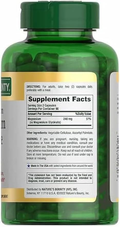 Natures Bounty Magnesium Glycinate Large Bottle / 180 Capsules 240 mg