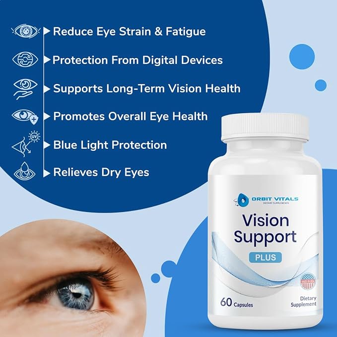 Vision Support Supplements with Lutein, Zeaxanthin, Bilberry Extract - Eye Care Health Vitamin for Eye Strain, Dry Eyes, Screen Blue Light - Ideal for Adults, Elderly - Made in USA, 60 Veggie Capsules