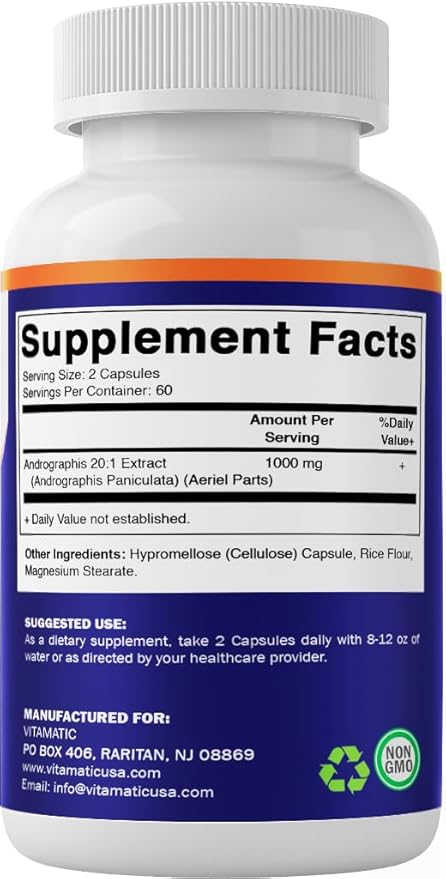 Vitamatic Andrographis Extract 1000 mg Per Serving - 120 Veg Capsules - 20X Extract, 100% Vegetarian, All-Natural, Gluten Free, Non-GMO