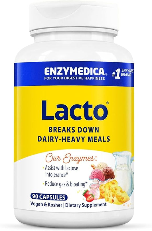 Enzymedica Lacto, Maximum Strength Formula for Dairy Intolerance, with Enzymes Lactase and Protease, Relieves Digestive Discomfort, 90 Capsules (90 Servings)