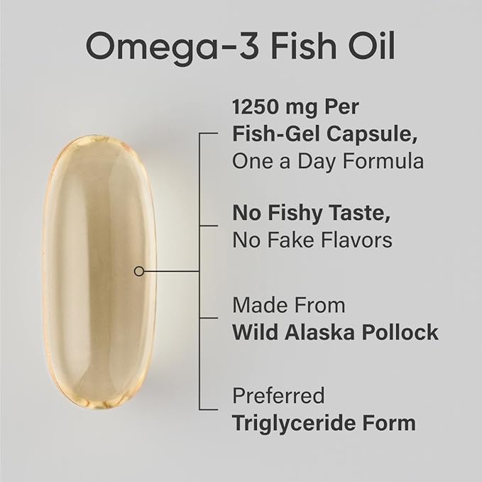 Sports Research Triple Strength Omega 3 Fish Oil Supplement - EPA & DHA Fatty Acids from Wild Alaskan Pollock - Heart, Brain & Immune Support for Adults, Men & Women - 1250 mg Capsules (30 ct)