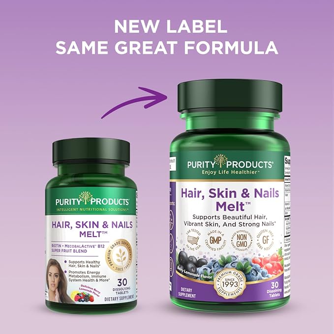 Purity Products Hair, Skin + Nails Melt 1000mcg B-12 + 2500mcg Biotin Energy Berry Melt - Delicious Berry Lemonade Flavor w/Super Fruits - B12 Methylcobalamin - 30 Melting Tablets