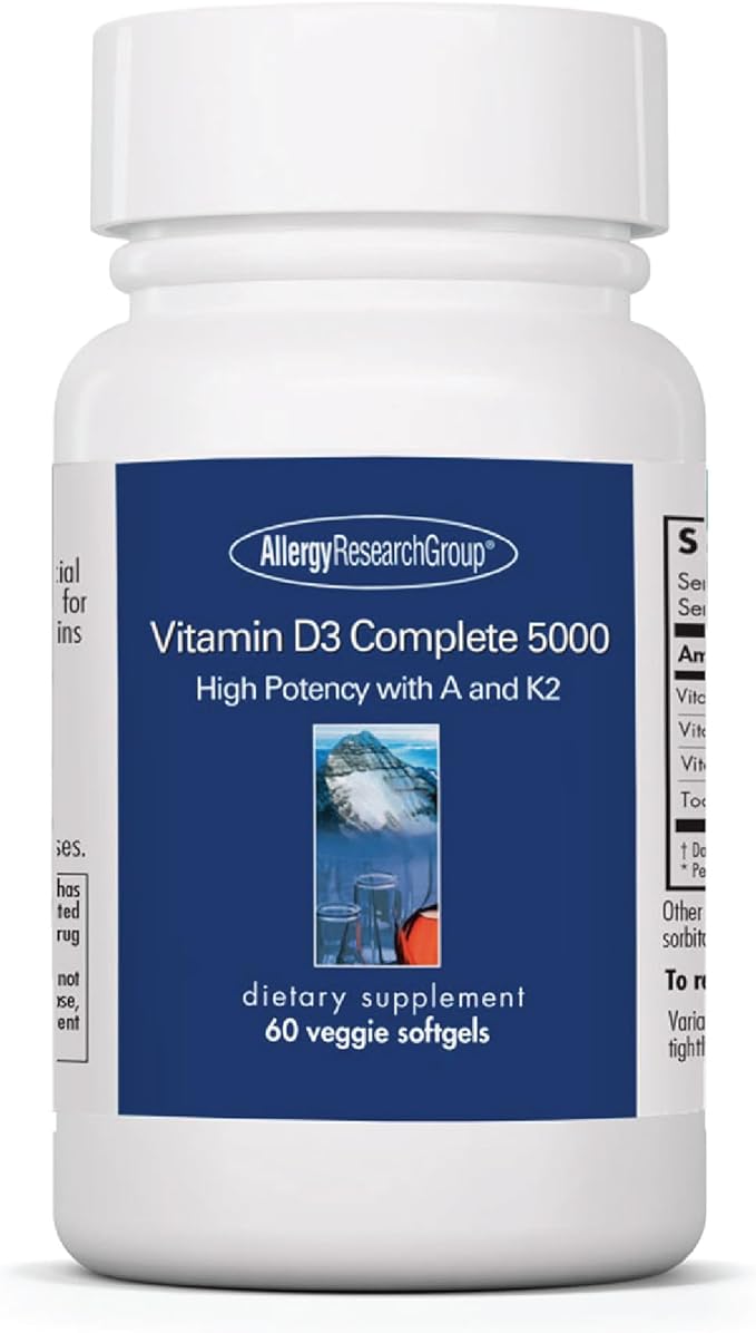 Allergy Research Group Vitamin D3 Complete 5000 IU - Vitamin D3 and K2 Supplement, Daily Balance, with Vitamin A, DeltaGold Tocotrienols, High Potency, Veggie Softgels - 60 Count