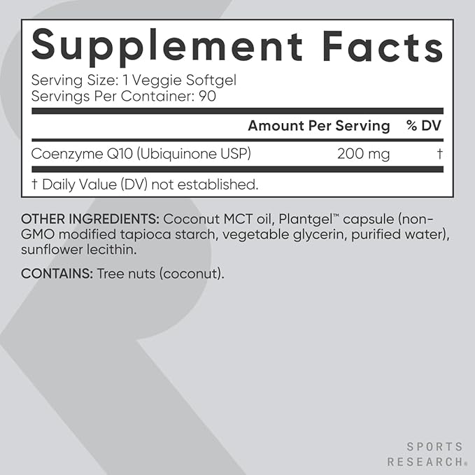 Sports Research CoQ10 200mg Capsules - Premium Coenzyme 10 Supplement with Coconut MCT Oil - Vegan Certified, Non-GMO Verified & Gluten Free - 90 Veggie Softgels