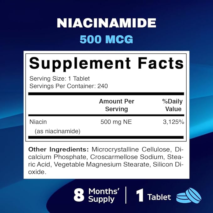 Vitamatic Niacinamide 500 mg 240 Tablets - Flush Free Vitamin B3 - Supports Energy Production