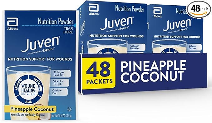 Juven Therapeutic Nutrition Drink Powder Including Collagen Peptides, Amino Acids, and HMB for Wound Healing Support, Pineapple Coconut, 48 Packets