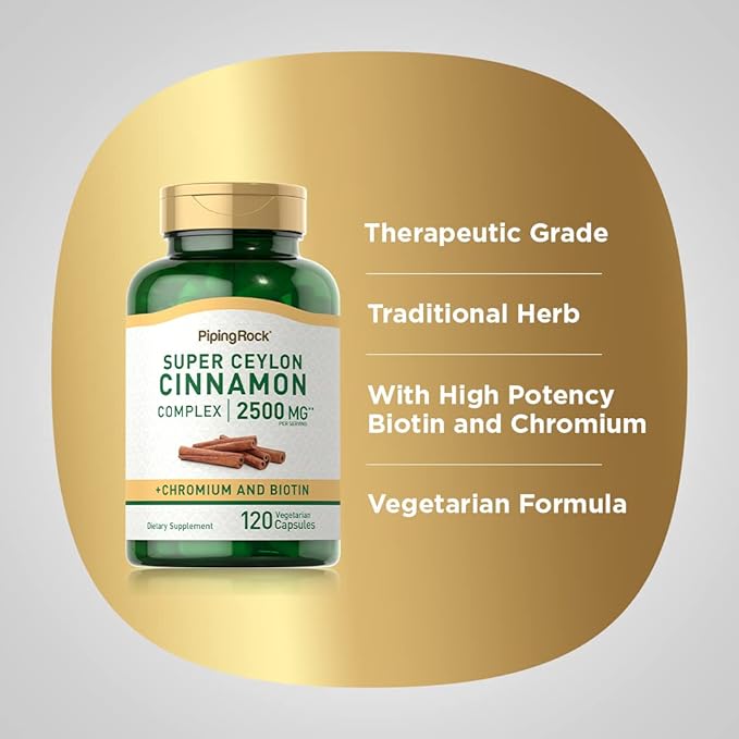 Piping Rock Ceylon Cinnamon Capsules 2500 mg | 120 Pills | Complex Supplement with Chromium and Biotin | Vegetarian, Non-GMO, Gluten Free