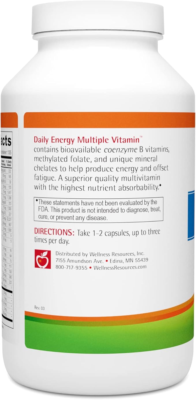 Wellness Resources Daily Energy Multiple Vitamin - 100% coenzyme B Vitamins Including Methylfolate and Methylated B12 with Other Important Cofactors for Energy, Stress, and Mood (270 Capsules)
