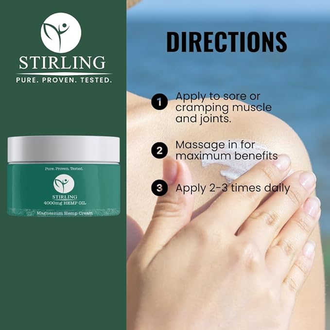 STIRLING Magnesium Cream - 4000mg Hemp Oil + Magnesium & Arnica - Promotes Relief for Joint and Muscle Discomfort, Back Support, and More - Made in USA with Premium Ingredients