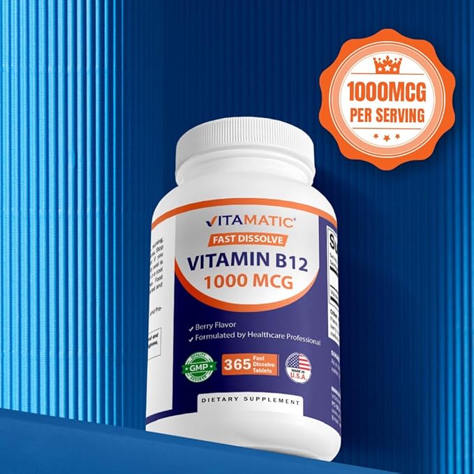 Vitamatic Vitamin B12 1000 mcg Fast Dissolve Tablets – Natural Berry Flavor – 365 Tablets per Bottle - 2 Bottles – Supports Energy Metabolism & Nervous System Health