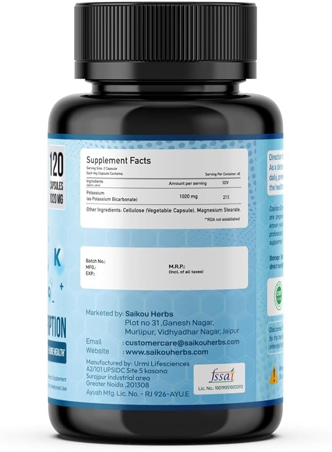 Potassium Supplement 1020mg High Absorption Potassium Bicarbonate- 120 Capsules Supports Electrolyte Balance, Kidney and Bone Health