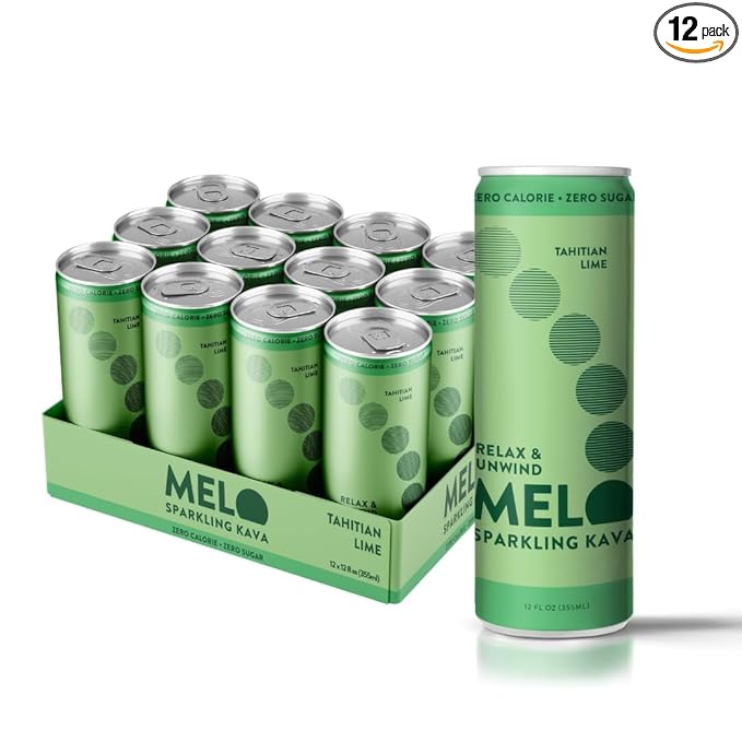 Melo Sparkling Kava Drink, Tahitian Lime, Sugar Free Non Alcoholic Drinks with Zero Calories, Gluten Free, Vegan, 100% Natural Mocktail with 750mg Kava Root per Drink, 12 Pack, 12 oz Cans