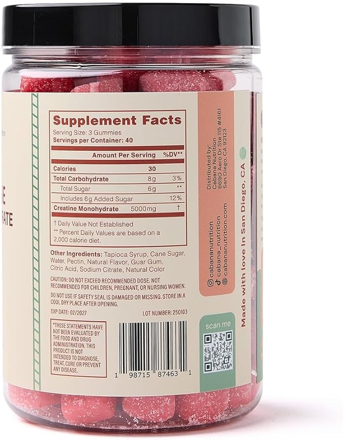 Creatine Monohydrate Gummies 5g - Watermelon Flavored Creatine for Women and Men - Supplement Supports Muscle Gain, Energy, Pre and Post Workout, Focus & Cognition, Recovery (120 count, 40 servings)