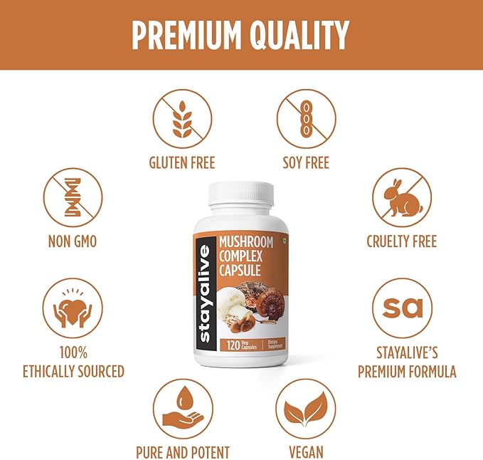 STAY ALIVE Mushroom Complex 1000mg, 6-in-1 Mushroom Supplement w/Lions Mane, Reishi, Chaga, Cordyceps, Maitake and Turkey Tail Extract Powder, 120 Vegan Pills, Non-GMO & Gluten Free Herbal Capsules