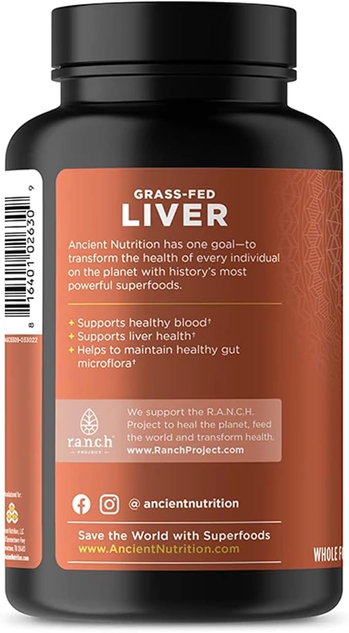 Ancient Nutrition Organ Supplements, Grass-Fed and Wild Organ Complex Capsules, Beef & Lamb Liver, Supports Healthy Blood, Gut, and Liver, 180 Ct