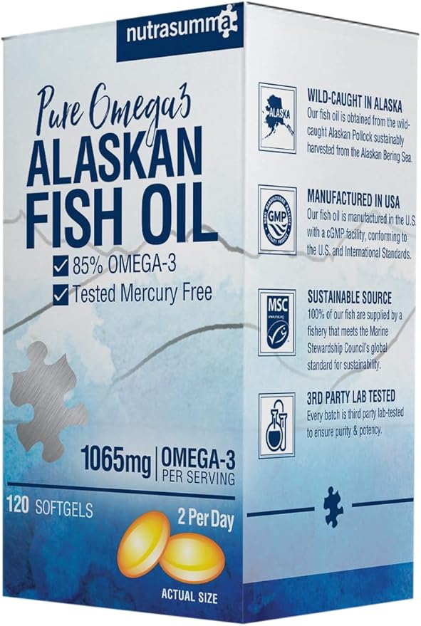 High Purified Omega 3 Supplement Wild Alaskan Fish Oil Burpless & No Fishy Taste, 650mg EPA &270mg DHA of 1250mg Fish Oil softgels, Gluten Free, Heart, Brain& Immune Support, 60 Servings