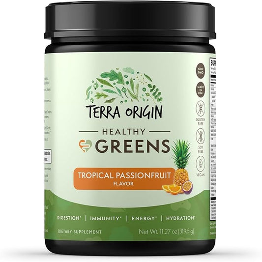 TERRA ORIGIN Healthy Greens Powder Supplement | Superfood Digestive Enzyme & Probiotic Blends | Immune, Gut, and Digestive Support for Women | Tropical Passion Fruit (30 Servings)