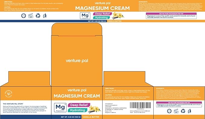 Venture Pal Magnesium Lotion, Topical Magnesium Cream for Sleep, Leg Cramps & Pain, Muscle Relaxation, Calm, Moisturizing Supplement with Coconut Oil, Shea Butter & Hyaluronic Acid, Safe for Kids