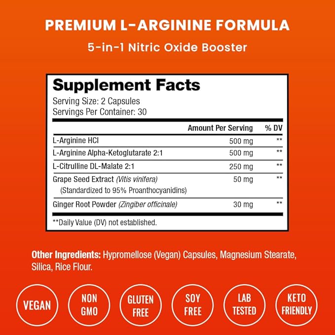 NutraChamps Premium L Arginine Supplement, 5-in-1 Nitric Oxide Supplement, L-Arginine Powder & L Citrulline Enhanced with Grape Seed & Ginger, Energy, Blood Flow, 60 Vegan Capsules