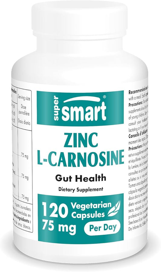 SuperSmart Zinc L-Carnosine 75mg per Day (Well-Tolerated) - Zinc Carnosine Supplement | Non-GMO & Gluten Free - 120 Vegetarian Capsules