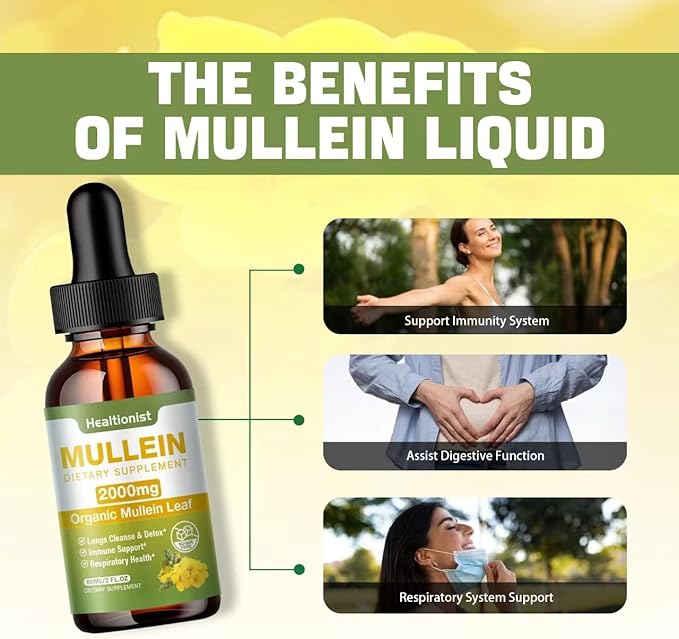 1 Pack Mullein Drops for Lungs - Leaf Extract Liquid - Powerful Mullein for Immune Support, Cleanse - Detox & Respiratory, Digestive System, Natural Herbal Supplement Tincture, Tea - 2 fl oz Vegan