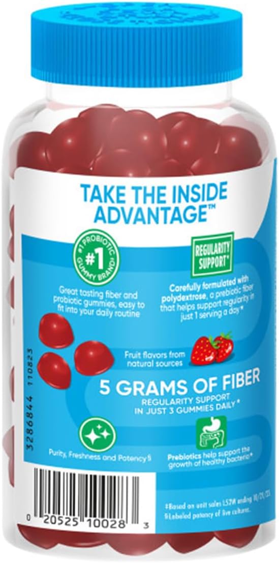 Digestive Advantage Prebiotic Fiber Supplement Strawberry Flavor Gummies with Probiotics for Women & Men Digestive Health, Adults Regularity and Gut Health, 60 Count (2 Pack)