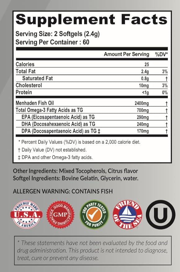 Atlas Nutraceuticals-Atlantic Caught Menhaden Fish Oil-Lab Tested-Omega 3-2400mg, Burpless, Made in The USA, DPA/DHA/EPA-120 Softgels