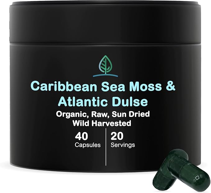 Holistic Bin Organic Sea Moss Capsules 100% Pure Caribbean Sea Moss + Dulse Seaweed | Wild Harvested | No Fillers | Rich in Antioxidants, Minerals, and Iodine (40 Capsules)