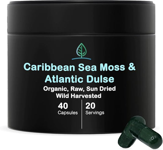 Holistic Bin Organic Sea Moss Capsules 100% Pure Caribbean Sea Moss + Dulse Seaweed | Wild Harvested | No Fillers | Rich in Antioxidants, Minerals, and Iodine (40 Capsules)