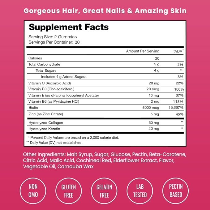 NutraChamps Hair Skin & Nails Gummies, Biotin with Collagen & Keratin, 5000mcg Biotin Beauty Complex, Vitamin Supplement, Berry, 120 Count, Healthy Hair, Radiant Skin & Strong Nails (Pack of 2)
